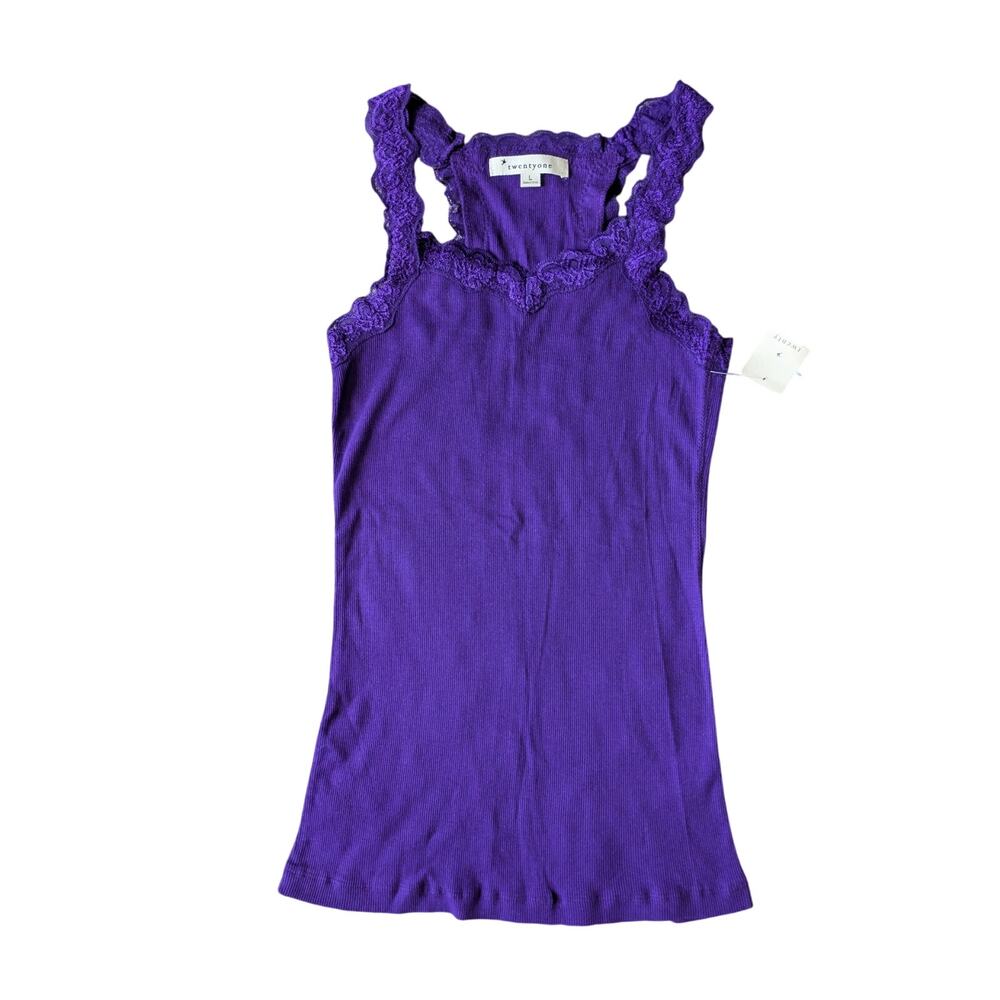 Y2K Deadstock Forever 21 Babydoll Lace Cami L Purple Ribbed Coquette Kawaii